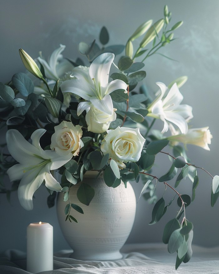 Elegant white lilies and roses arranged in a vase beside a soft-glowing candle, reflecting the care offered by Berkeley, NJ funeral home and cremations
